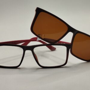 Armação Acetato Total Marron Clip-on Quadrada com Detalhe na Arte Vermelho
